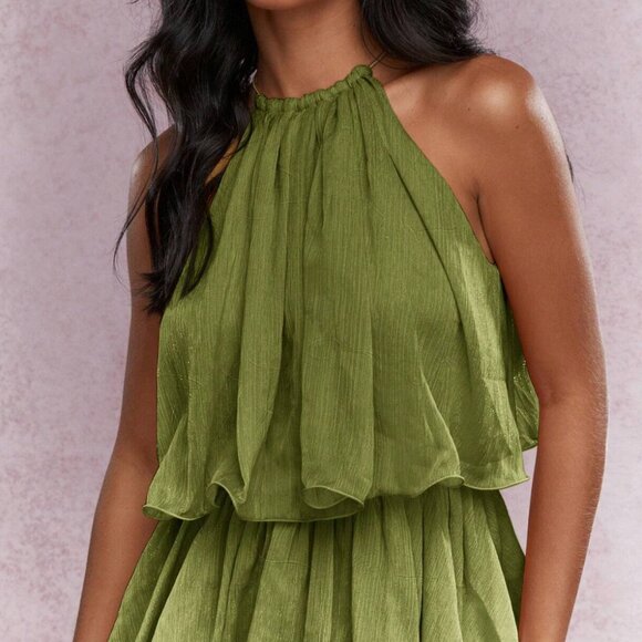 Boho Tiered Ruffle Mini Dress Green - Picture 3 of 5